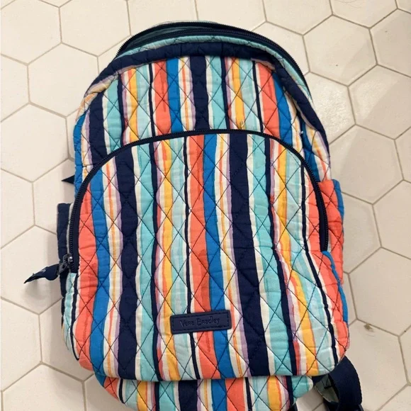 Vera Bradley Striped Mini Backpack - Blue, Orange, White - Picture 1 of 3